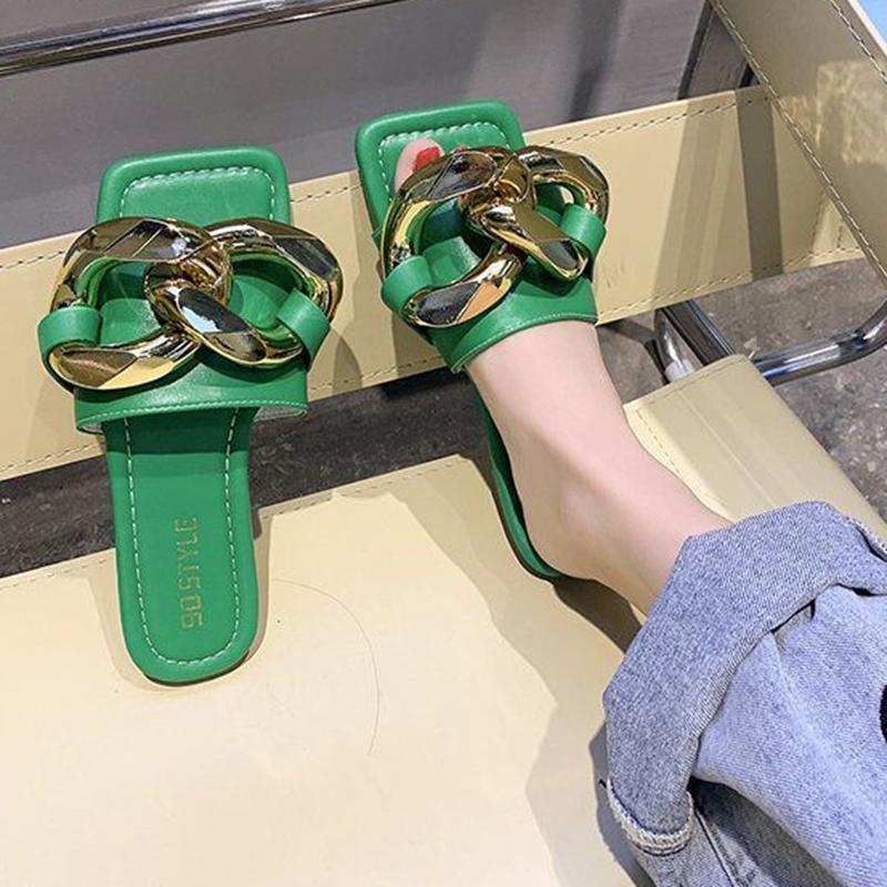 Fashion Chain Flat Sandals Slippers Women Summer Wear All-match Open-toed Sandals Women