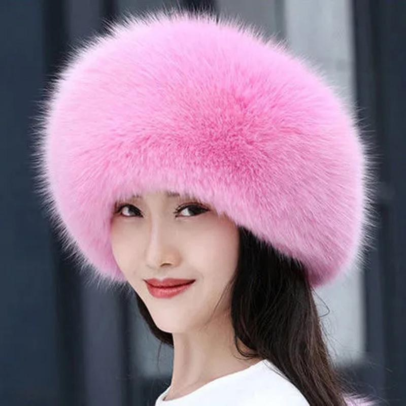 Women's Winter Hat Imitated Fox Fur Ball Plush Beret All-match Adjustable Hat Warm Cold Proof Ear Protection Hat Solid Fluffy Plushy Top Cap Fur Hat