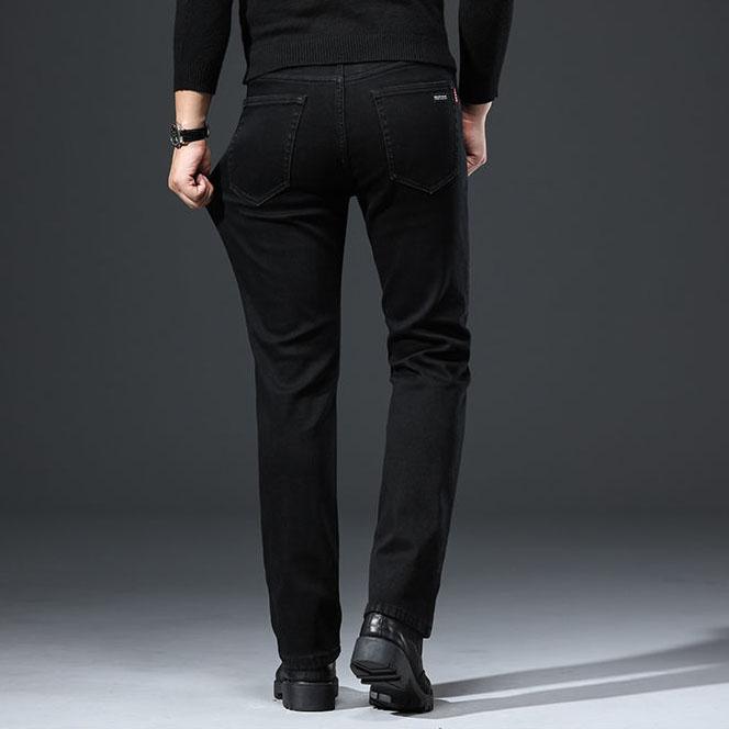 Men's Autumn and Winter Fleece Padded Black Trousers Large Size Straight Elastic Black Jeans for Business Men