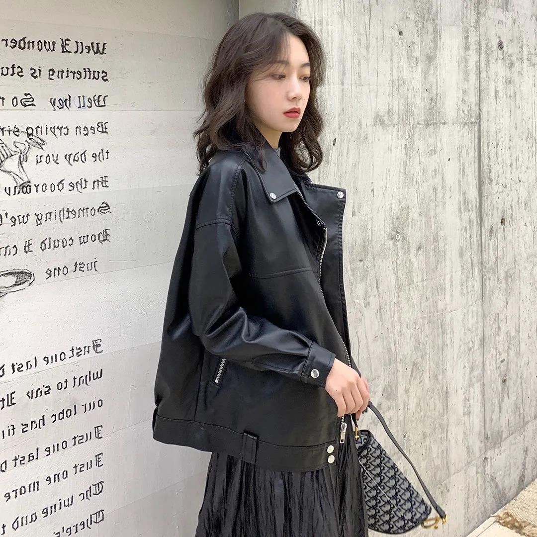 Black Leather Jacket Women's Autumn/winter 2021 New Product Leather Jacket Loose Student Motorcycle Suit