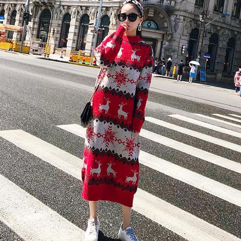 Super Long Pullover Sweater Women Autumn and Winter Fawn Print Red Christmas Sweater Loose Base Knitted Sweater Dress