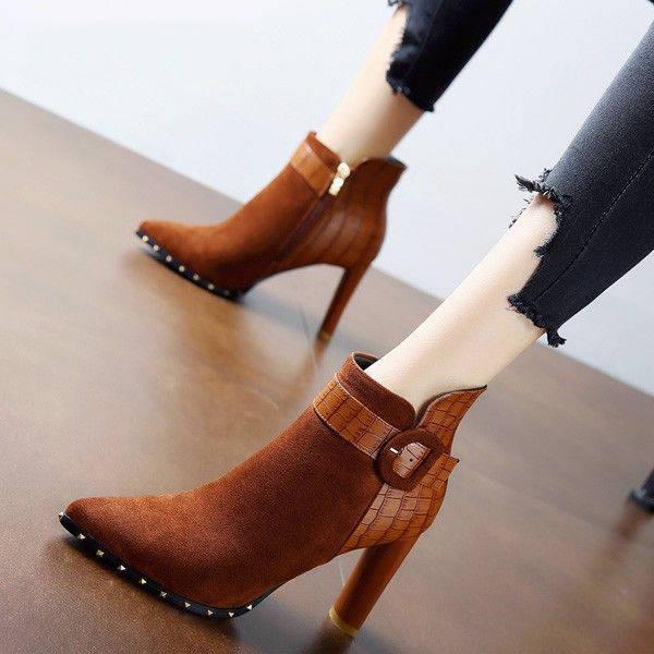 Belt Buckle Stitching Pointed Waterproof Platform High-heeled Martin Boots Thick with Winter Boots