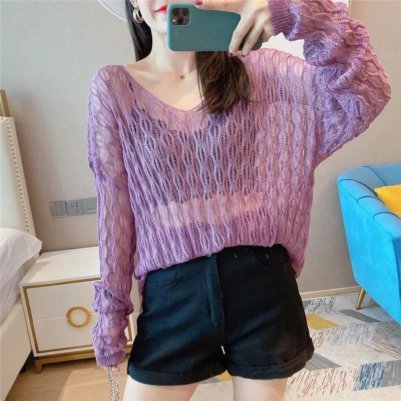 One-piece Knitted Blouse Autumn and Summer Women's Thin Loose Sunscreen Top