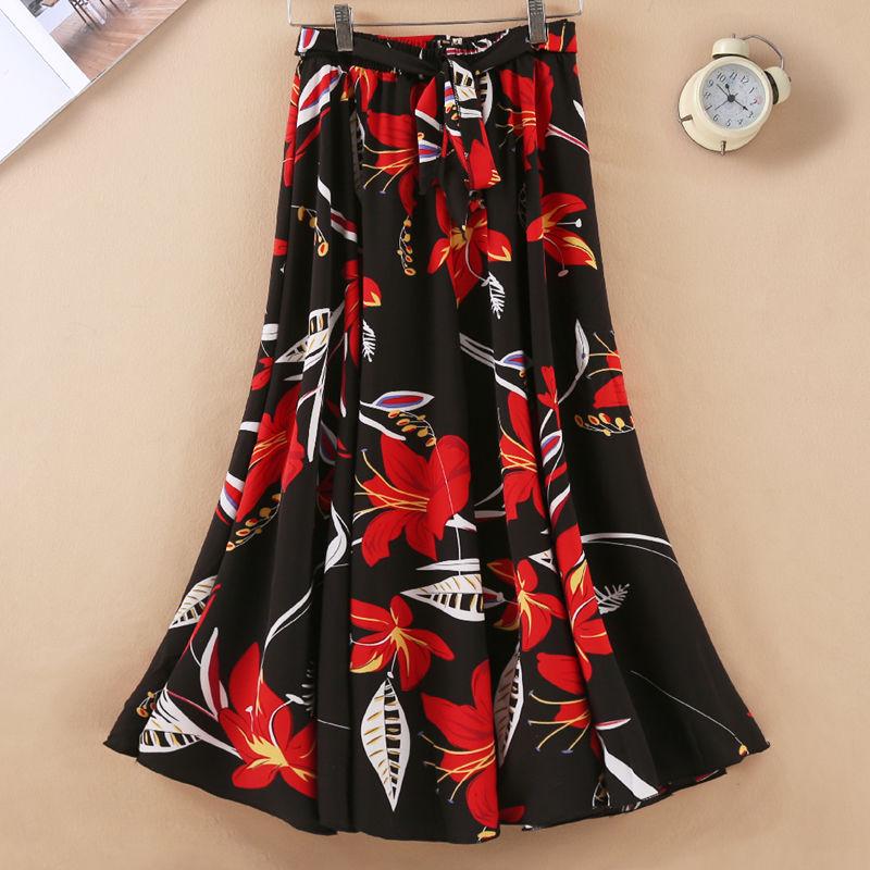 Summer Floral Printed Chiffon Women's Skirt High Waist A-line Long Skirts Female Casual Lady Skirt