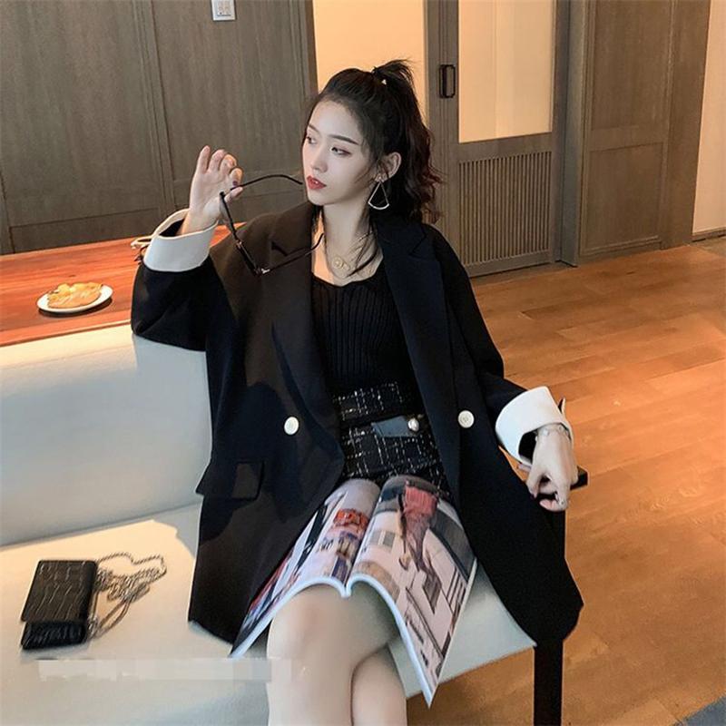 Korean Version   Pink Small Suit Jacket Women's Double-breasted Loose Casual Suit Spring  Autumn
