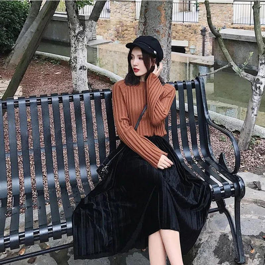 Velvet Pleated Skirt Women's High-waisted Skirts Mid-length Thin Long Skirts Temperament A-line Skirts Elastic Waist