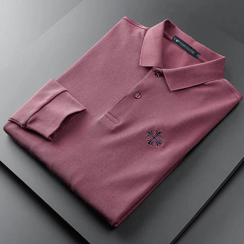 Men's Embroidered Top Long Sleeve Polo Shirt Spring and Autumn Thin Lapel T-Shirt Loose Solid Color All Match Casual Bottom Polo Shirt