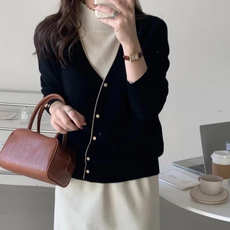 Splicing Two-piece Half Turtleneck Long-sleeved Sweater Fashion Color Block Pullover Slim Fit Short Sweater