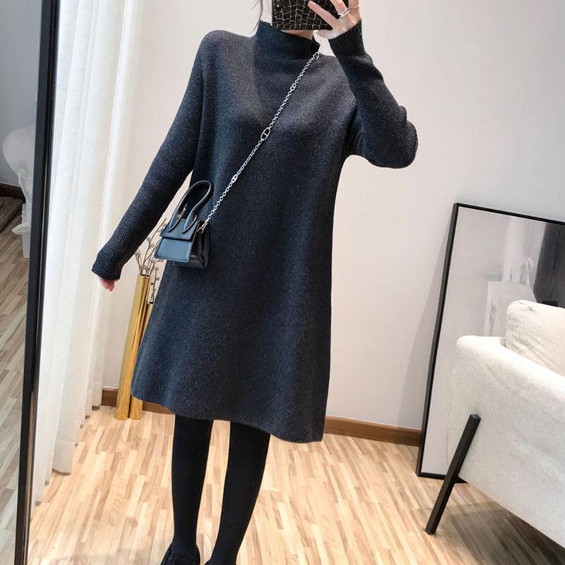 Autumn and Winter Mid-length Casual Sweater Half High Neck Thick Pullover Blouse Knitted Loose Women Sweater Dress