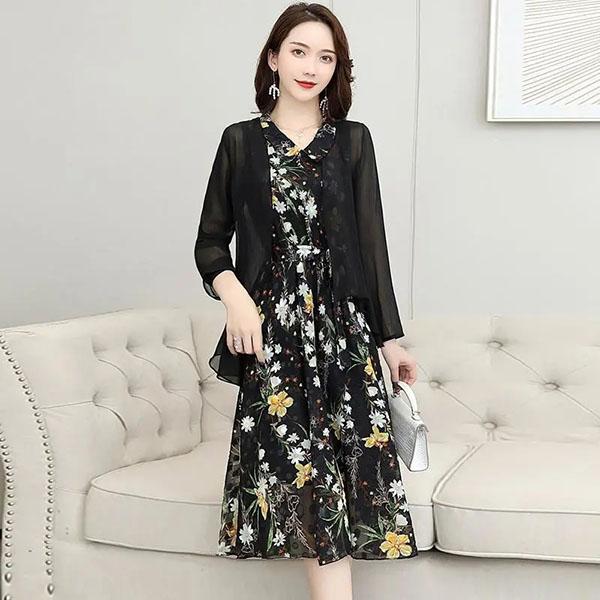 Chiffon Dress Tulle Cardigan Two-piece Set Women's Summer Sleeveless Floral Priting Dress+ Sunscreen Shawl Thin Coat Elegant Anti-UV Sun Dress Suit