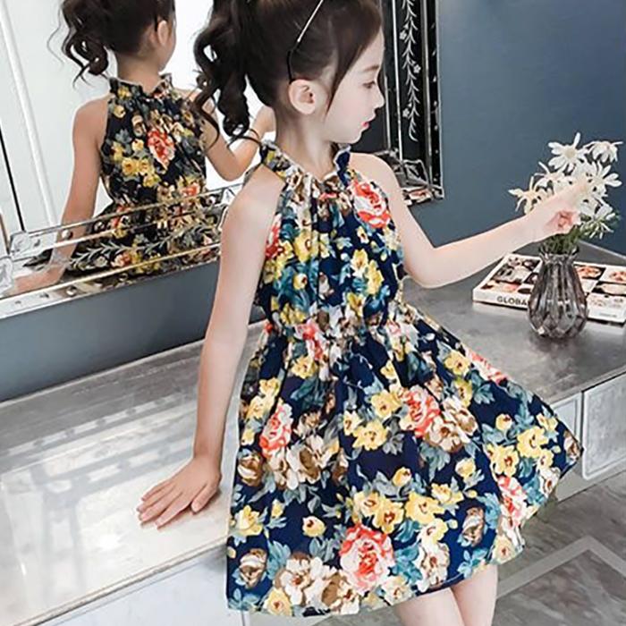 Children's Fashion Ruffle Print Dress Girl Casual Off Shoulder O-neck Above Knee Dresses