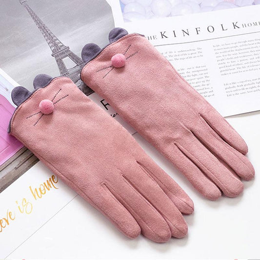 Warm Gloves Ladies Winter Cute Touch Screen Leather Velvet Autumn and Winter Thickening Plus Velvet Cold-proof Cycling Gloves