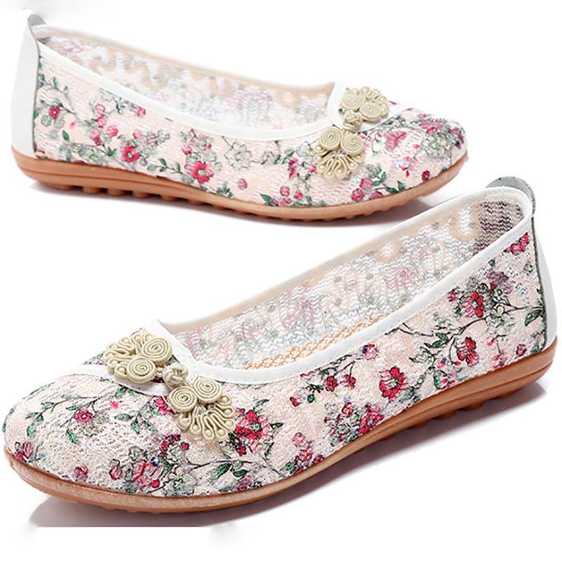 Spring and Summer Flat Mother Shoes National Style Old Beijing Cloth Shoes Women Middle-aged and Elderly Women's Net Shoes Breathable Net Yarn Shoes