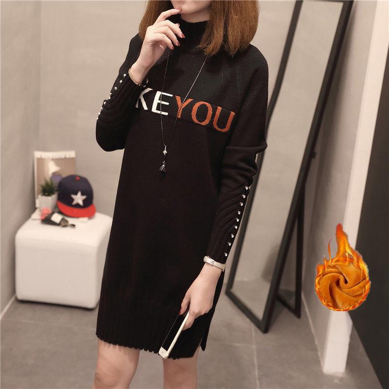 Plus Velvet Thick Mid-length Close-fitting Sweater for Female Students Loose-fitting Half-high Neck Sweater Skirt Knitted Bottoming Shirt
