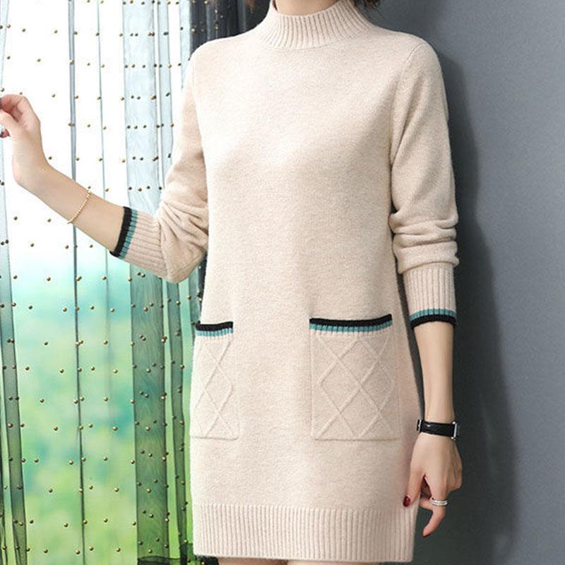 Autumn and Winter Mid-length Loose Dress Thickened Half High Neck Knitted Base Skirt Simple Casual Women Sweater Dress