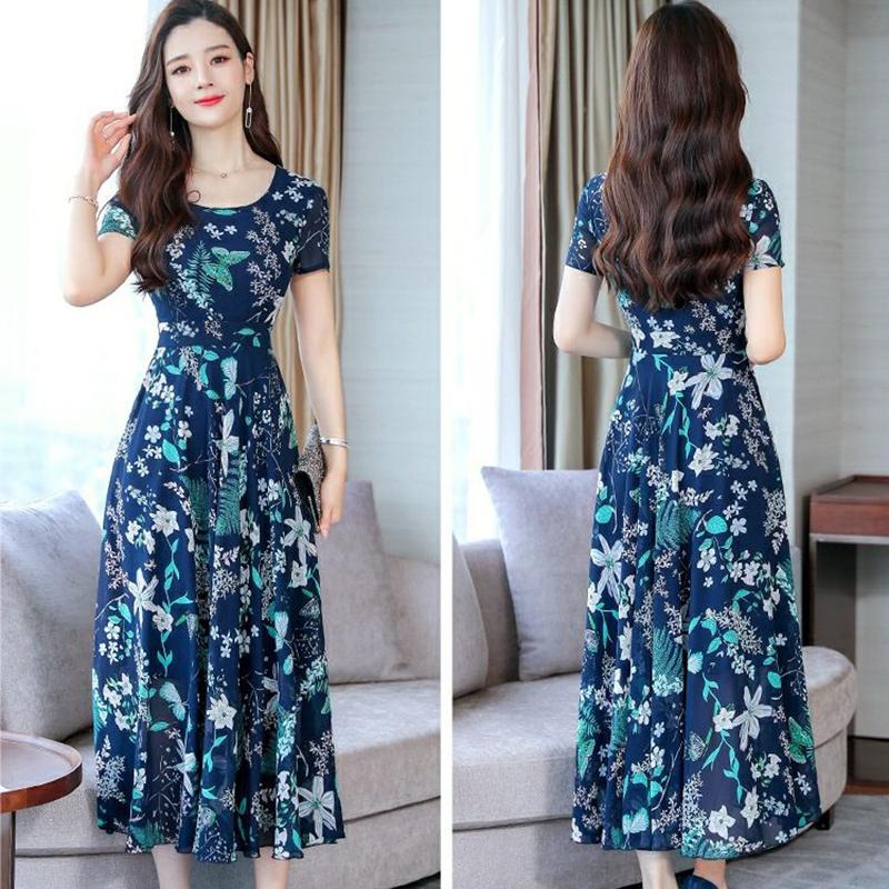 Ice Silk Dress Female Short-sleeved Temperament Was Thin Floral A-line Skirt Round Neck Large Hem Skirt Large-size Skirt Waist Was Thin