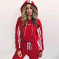 2PCS Sports Suit Colorblock Striped Lace-Up Short Hooded Casual Sweater Jogging Pants Set Autumn Warm Suit Athletic Clothing for Women