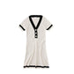 Female Simple and Elegant V-neck Splicing Knitted Dress Slim Gentle Short Sleeve Hip Wrap Short Holiday Dress