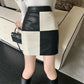 Retro High Waist PU Chessboard A Word Half Skirt Popular Stitching Colored Plaid Skirt Fashion Skirt