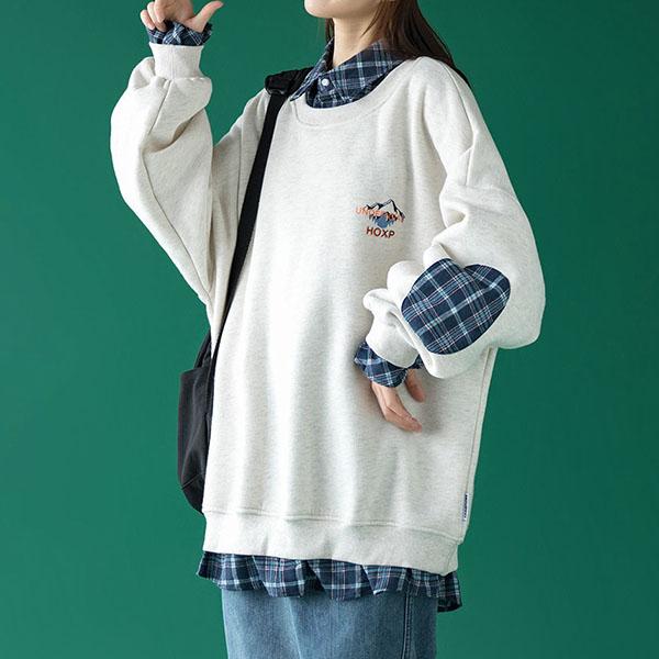 Cotton Spring and Autumn Clothes Fake Two-piece Sweater for Boys and Girls Loose Plaid Shirt Stitching on Clothes