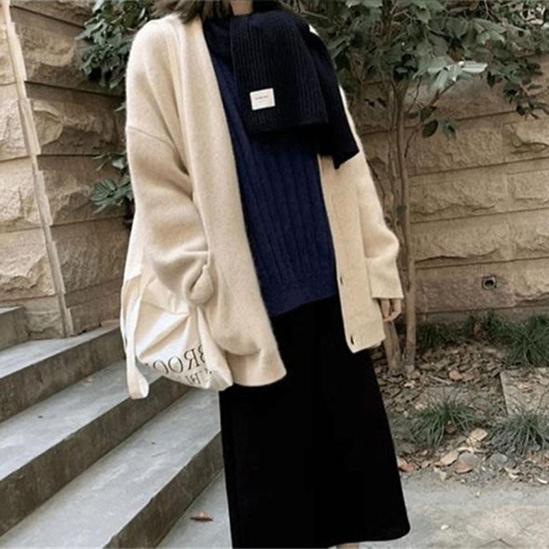 Women's Sweater Coat Loose V-neck Long-sleeved Cardigan Solid Color Sweater with Buttons