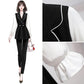 Women's Black-and-white Stitching Color Suit Loose Cover Meat Was Thin Trousers Long Sleeve Two-piece Suit Temperament Lady Style