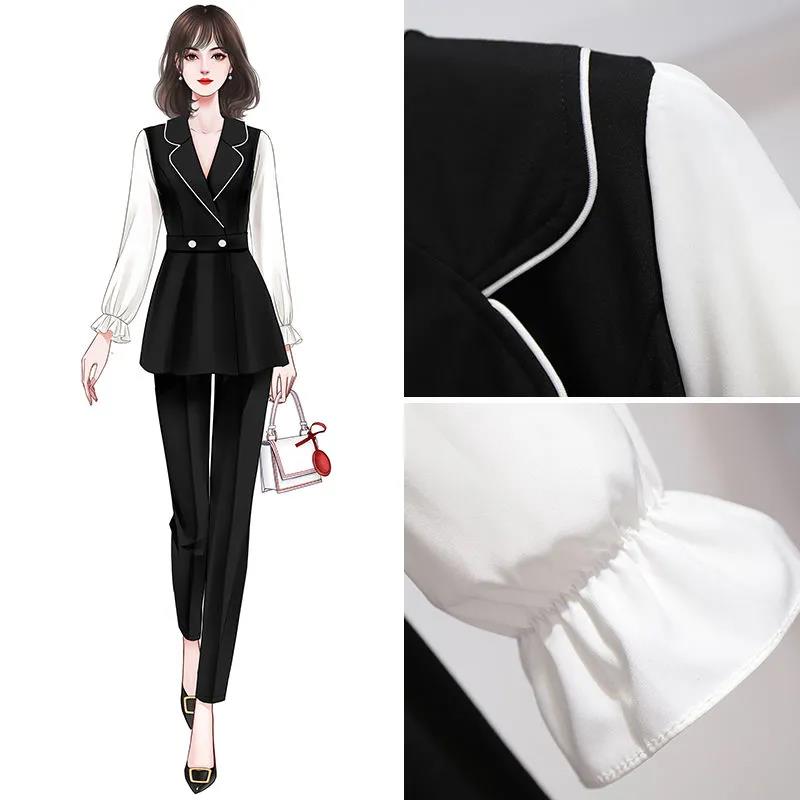 Women's Black-and-white Stitching Color Suit Loose Cover Meat Was Thin Trousers Long Sleeve Two-piece Suit Temperament Lady Style