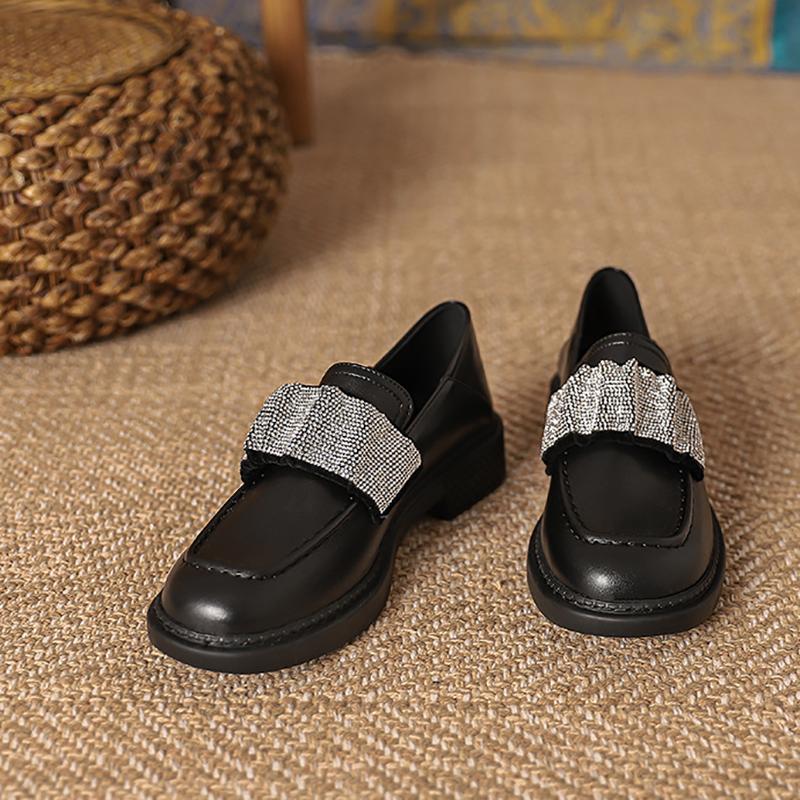 British Style Small Leather Shoes College Style Sparkling Rhinestone Single Shoes Women Square Toe Platform Shoes