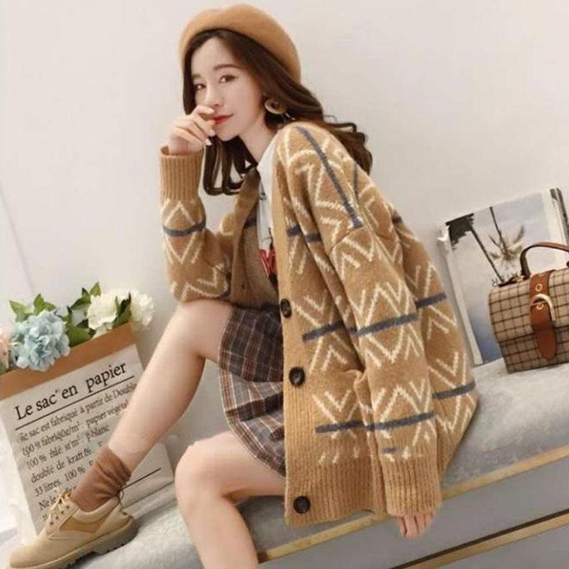 Women Vintage Printed Checked Sweater Cardigan with Pockets Outerwear Casual Thick Knitted Jacket Coat