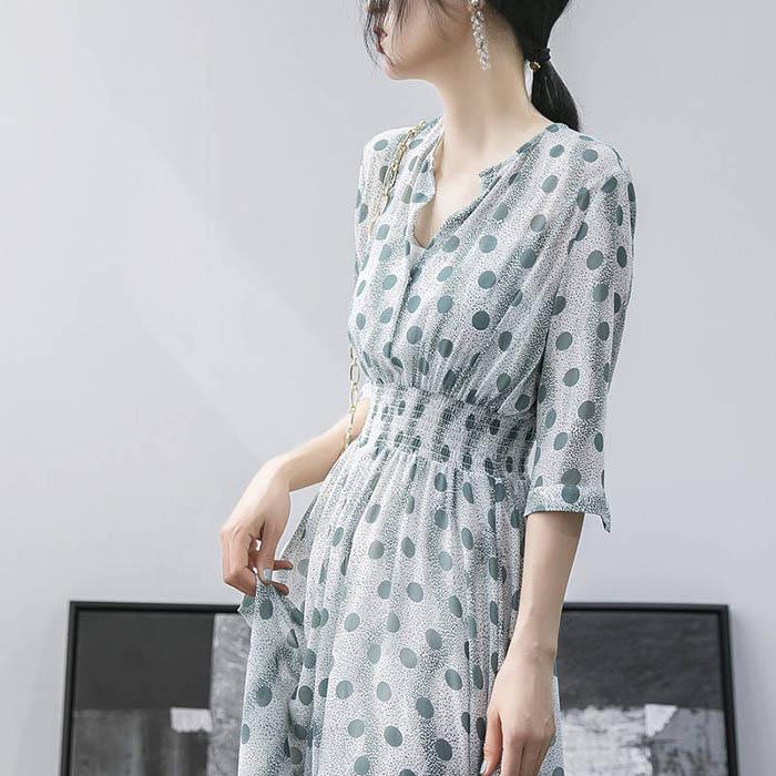 Pofulove Women V-neck Chiffon Polka Dot Dress High Waist Slim A-line Sun-dresses Long Beach Skirt