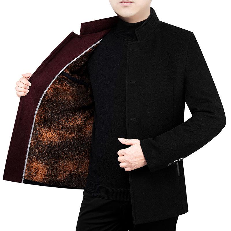 Middle-aged Men's Wool Stand Collar Jacket Autumn and Winter Fashion Handsome Gentleman Plus Velvet Padded Jacket