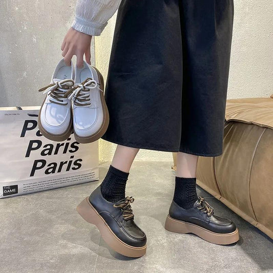 Ladies Small Leather Shoes British Style Spring College Style Jk Lace-up Thick-soled Shoes Girls Thick-bottomed Thick-heeled Loafers