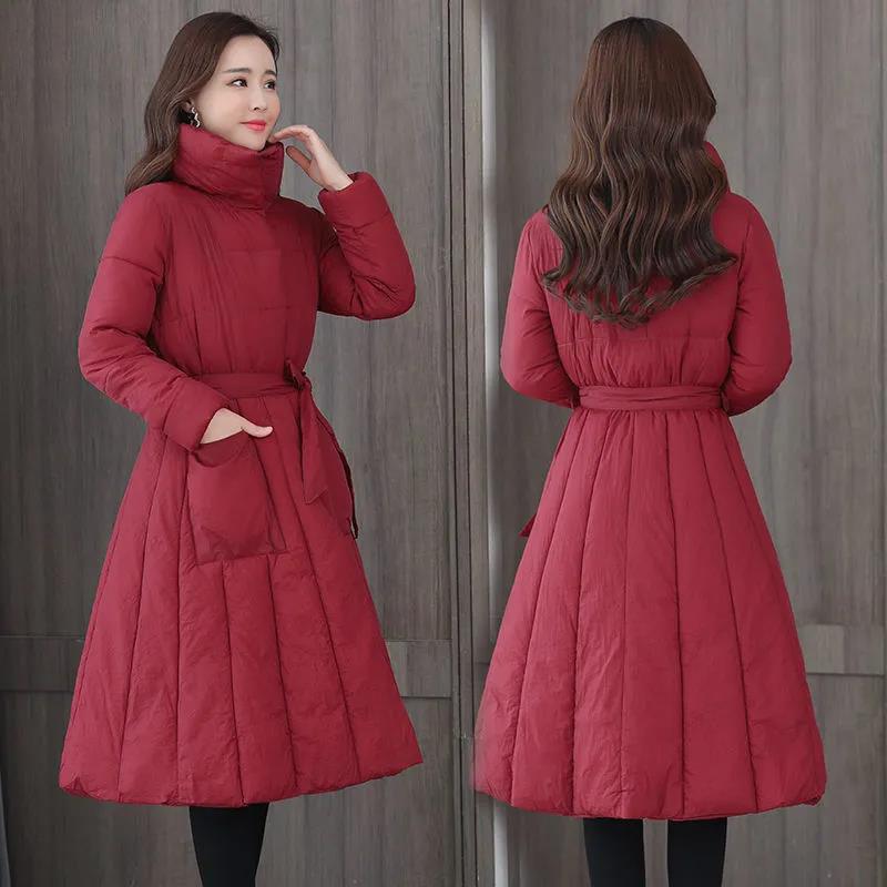 Long Down Jacket Fashion Casual Waist Belted Cotton Jacket Lengthened Thick Loose Over-the-knee Windbreaker Jacket