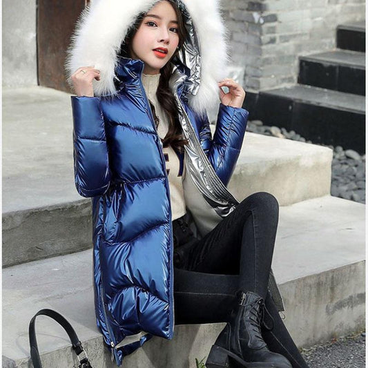 Down Cotton Jacket Winter Loose Korean Color Shiny Face-free Collar Mid-length Cotton Jacket Women
