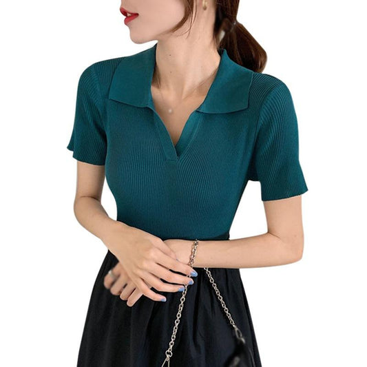 Summer Women Solid V Neck T-Shirt Casual Short Sleeve Knitted Polo Tee Tops