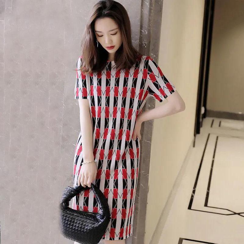 Women Mid-length Dress Casual Cotton Dress Loose and Comfortable Bottoming Skirt Striped Print Skirt Summer