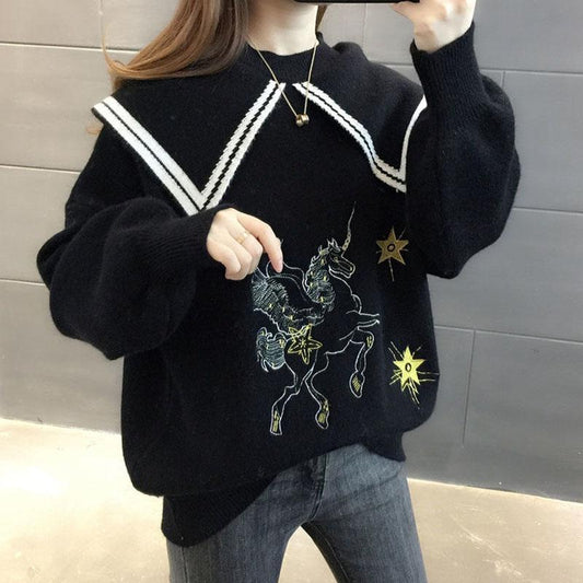 Autumn and Winter College Style Sweater Loose Knit Sweater Doll Collar Jacket Long Sleeve Pullover Women's Bottoming Shirt