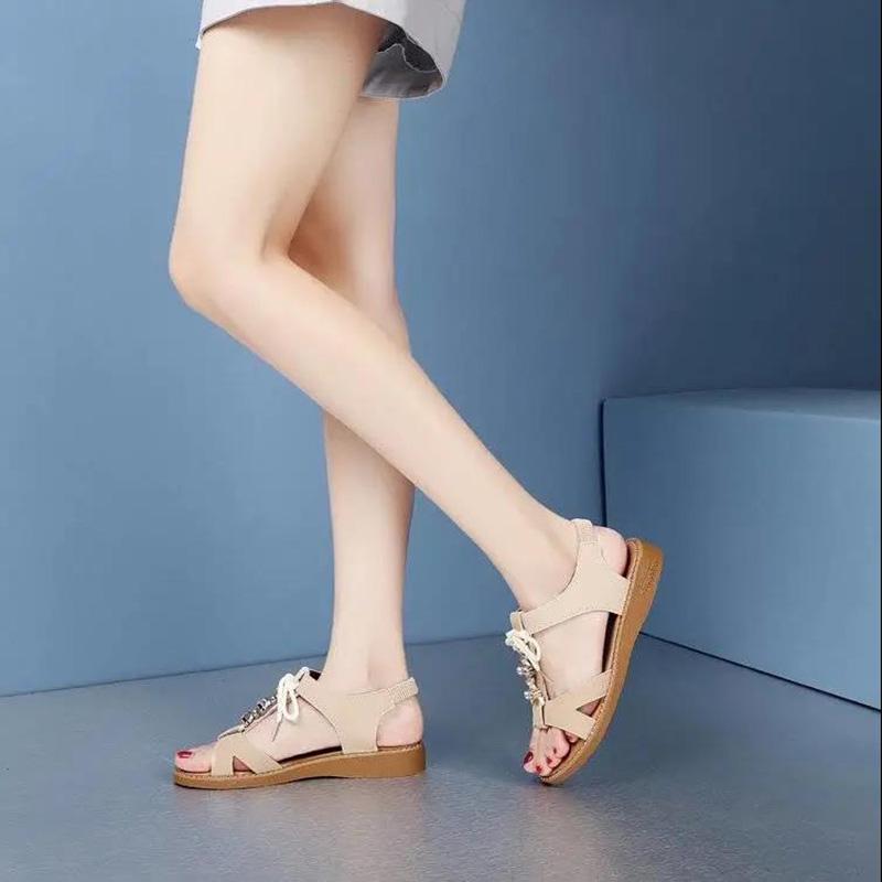Sandals Female Summer Slope with Roman Rhinestone Flat Bottom All-match Beach Student Shoes Ladies Shoes Soft Leather Open Toe Sandals