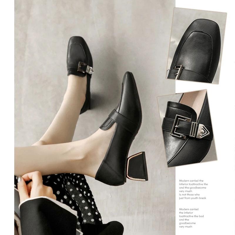 Soft Surface Comfortable Real Cowhide Thick Mid-heel Work Shoes Casual Shoes Single Shoes Women's Square Toe English Small Leather Shoes
