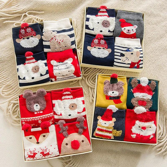 Women Four-piece Socks Casual Winter Christmas Socks Cartoon Keep Warm Cute Lady Girls Sock Christmas Gift