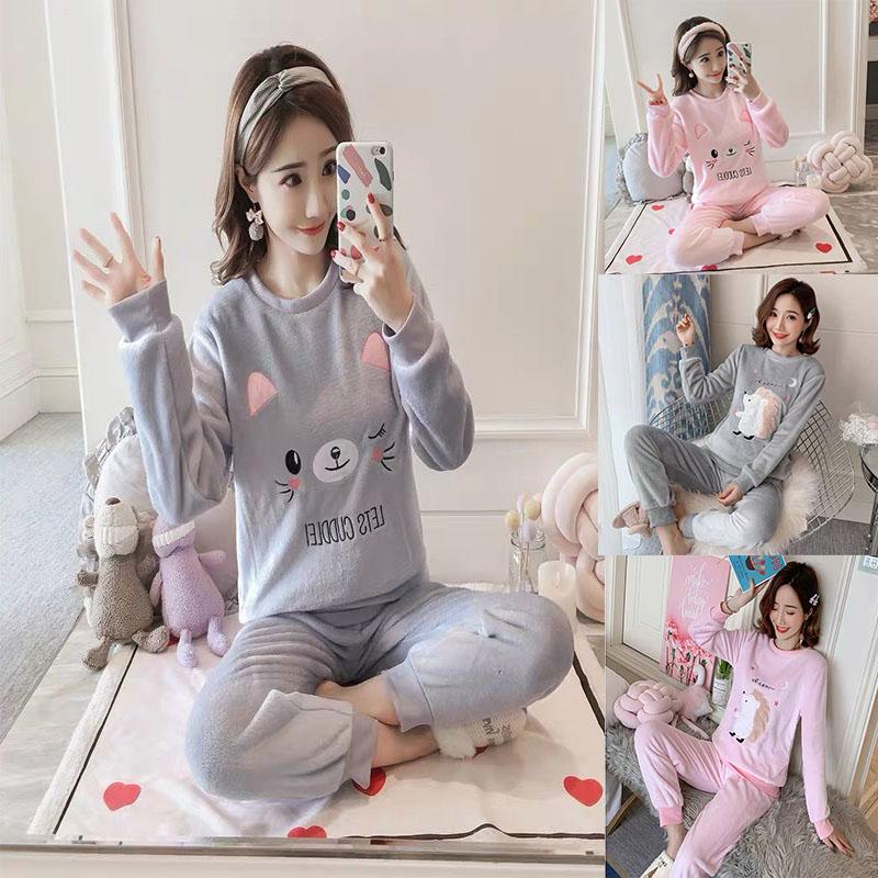 Winter Thickening Plus Velvet Women's Pajamas Suit Fashion Flannel Cartoon Outer Wear Cute Sweet Home Service