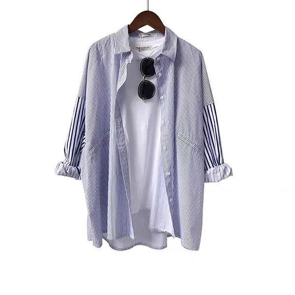Women's Button Down Shirts Large Size Long Sleeve Tops V-Neck Casual Work Blouse Loose Oversize Striped Top