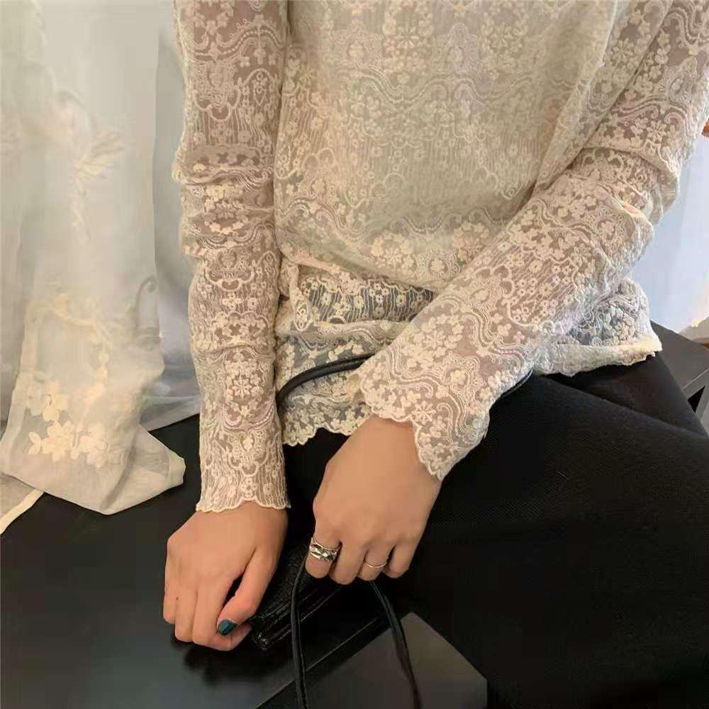 Pofulove super fairy bottoming shirt Plus velvet lace shirt women's new Korean mesh lace lace collar