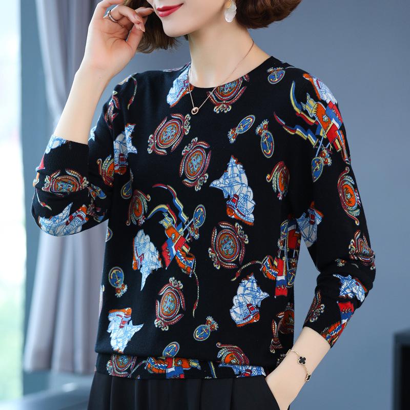 Autumn and Winter Printing Bottoming Shirt Women's Plus Size Casual Sweater Fashion Round Neck Printed Sweater