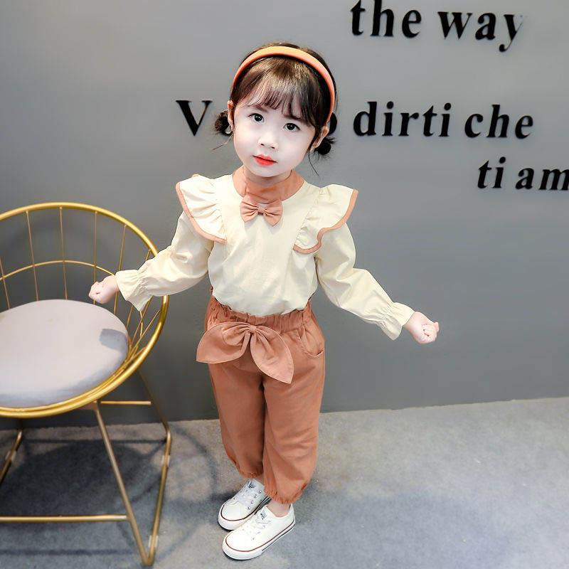 Children's Suits Girls Spring and Autumn Clothes Cute Bow Decoration Single-breasted Long-sleeved Comfortable Light and Breathable Two-piece Set