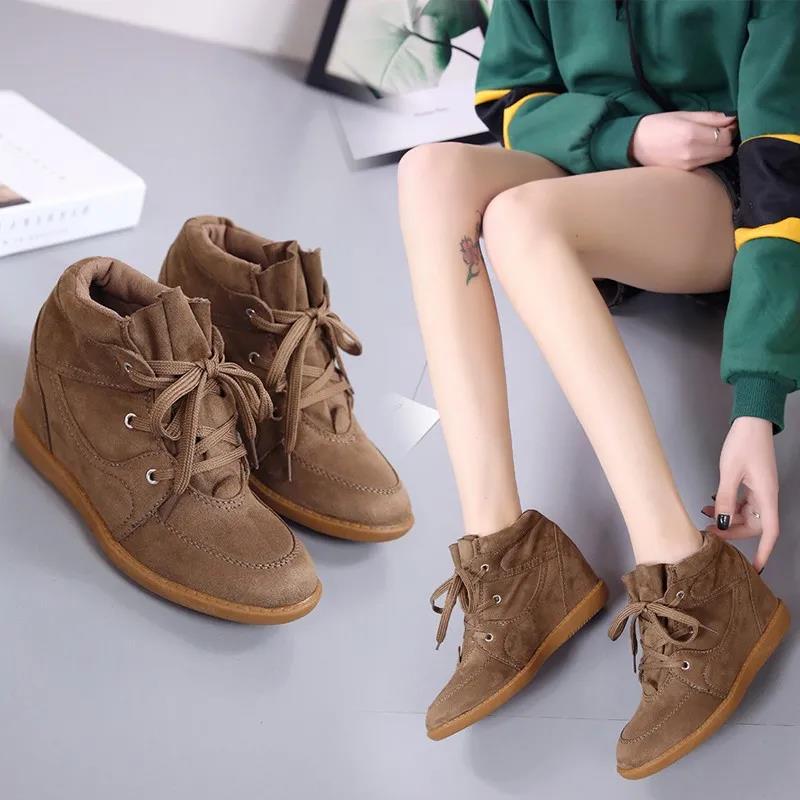 Inner Increase Women's Shoes High-top Lace-up Wedge Heel Korean Casual Shoes