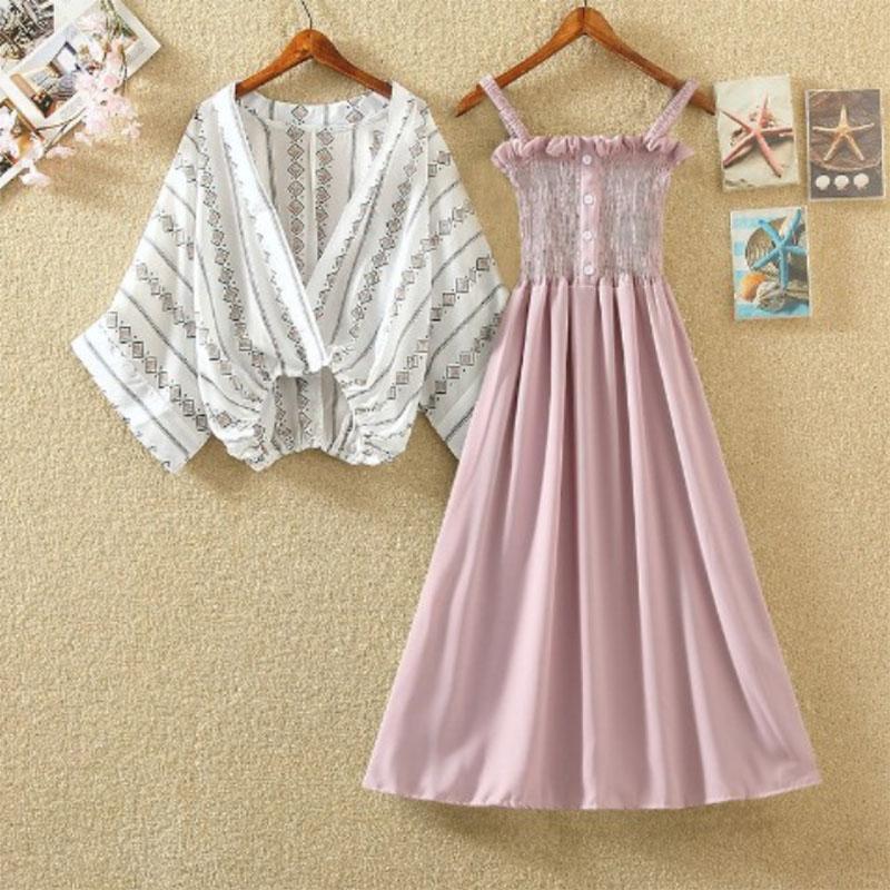 Women Plus Size 2piece Set Summer Deep V-neck Bat Blouse Strap Dress Two-Piece Set