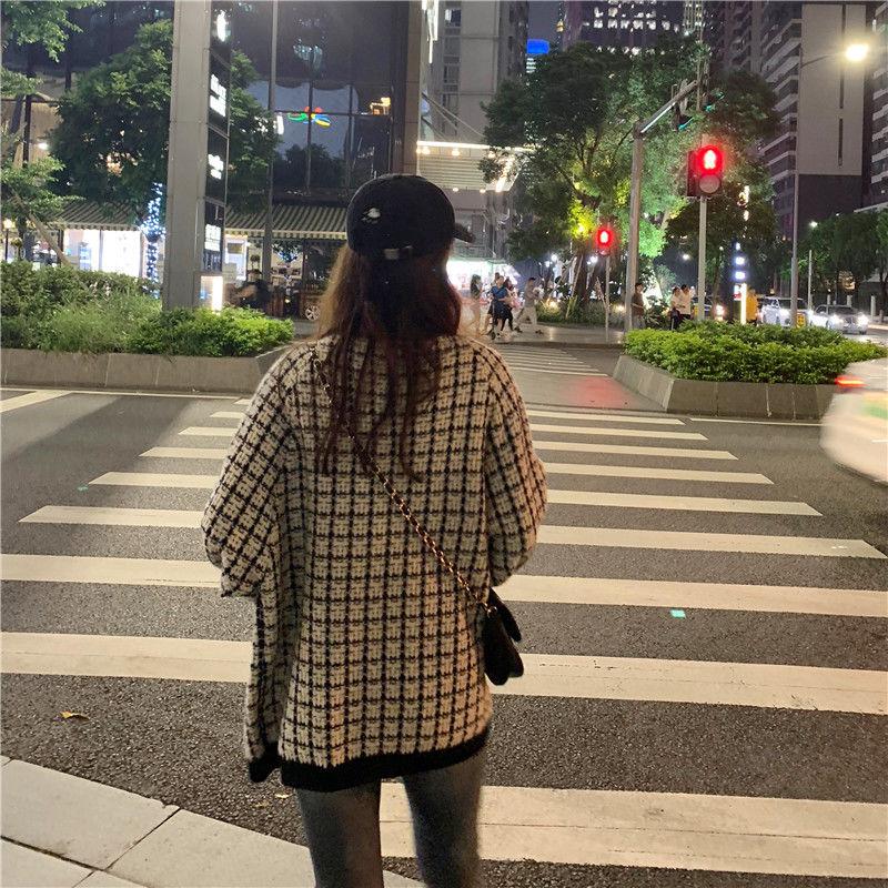 Ladies Autumn Loose Sweater Jacket Retro Shirt Long Sleeve Plaid Single Breasted Knit Cardigan
