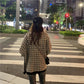 Ladies Autumn Loose Sweater Jacket Retro Shirt Long Sleeve Plaid Single Breasted Knit Cardigan