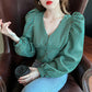 Women's Spring and Autumn Long-sleeved Shirt V-neck Puff Sleeve Short Top